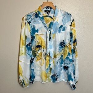DKNY Floral Print Neck Tie Blouse